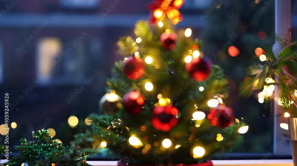 A small Christmas tree with red ornaments sits in a pot on a windowsill