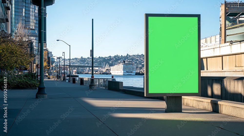 Fototapeta premium Empty urban street with green screen billboard in cityscape background, ideal for advertisement or branding mockup.