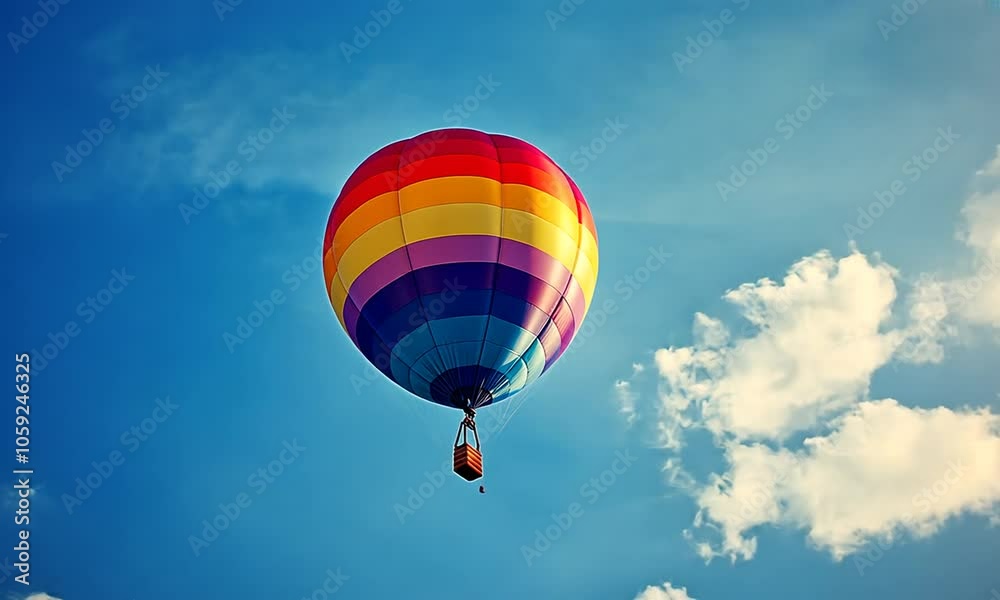 Colorful Hot Air Balloon Ascending Against a Blue Sky with Clouds Colorful Hot Air Balloon Ascending Against a Blue Sky with Clouds