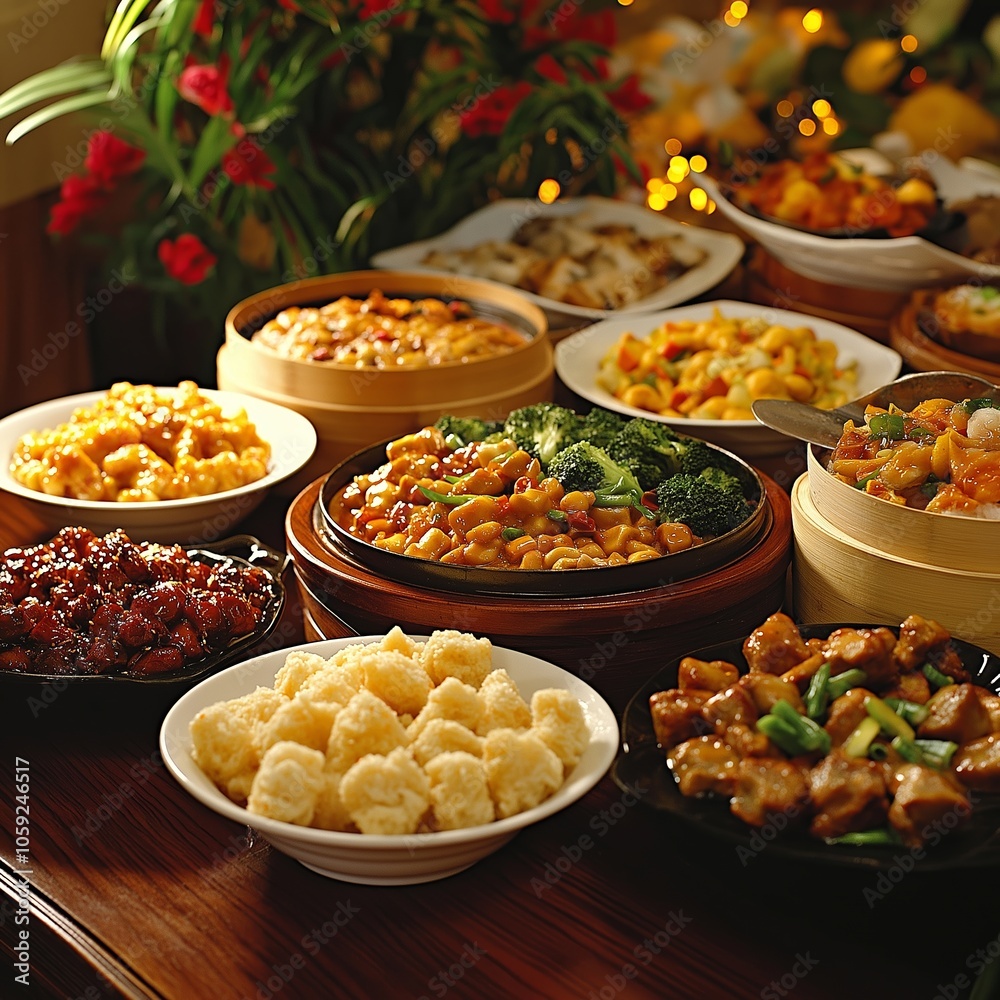 A feast of Chinese dishes, beautifully arranged in a warm setting with ornamental decorations in the background. A feast of Chinese dishes, beautifully arranged in a warm setting with ornamental decorations in the background.