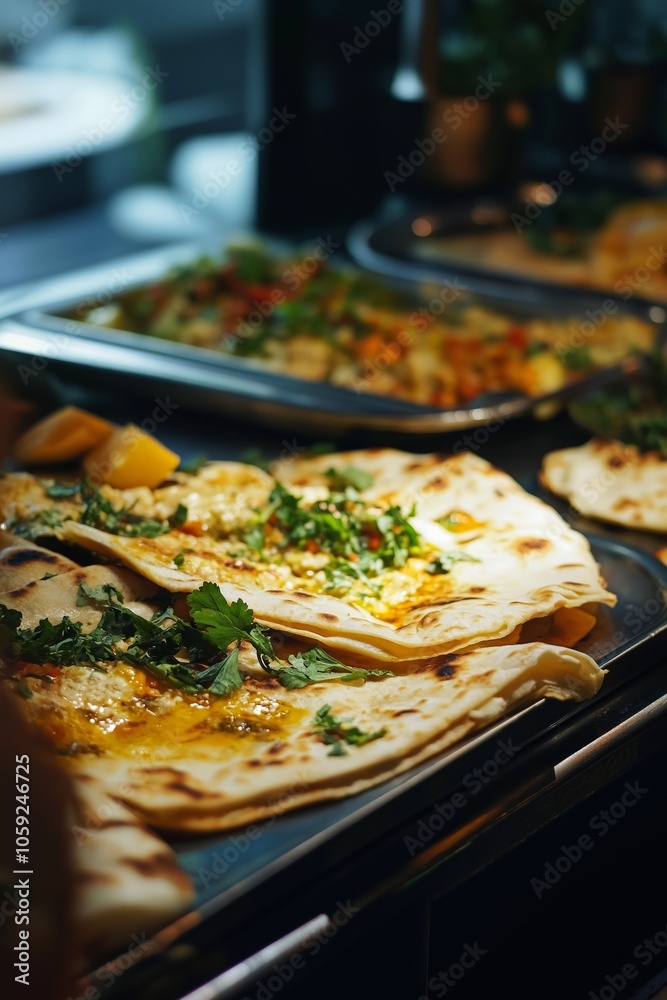 Golden-brown naan bread sprinkled with fresh herbs and spices sits on a tray, ready for serving. Golden-brown naan bread sprinkled with fresh herbs and spices sits on a tray, ready for serving.