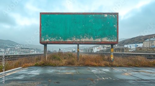 Empty weathered billboard standing in a deserted urban landscape with overcast skies, symbolizing abandonment and neglected advertising space. photo