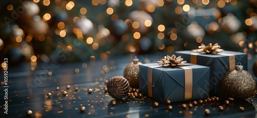 Wrapped Gifts With Gold Bows and Ornaments on a Wooden Table