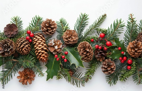 Festive Pine and Berry Holiday Border With Pine Cones
