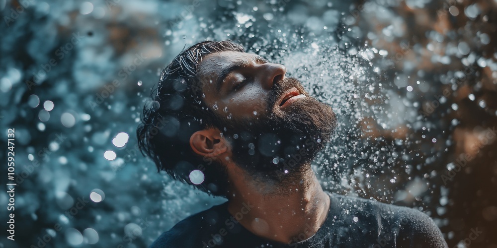 Fototapeta premium A man with a beard is captured in a dramatic closeup image moment as water splashes over him, conveying intense emotions.