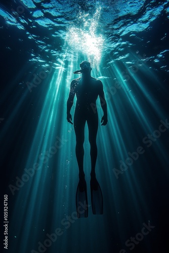 Diver exploring underwater rays of light in a clear ocean