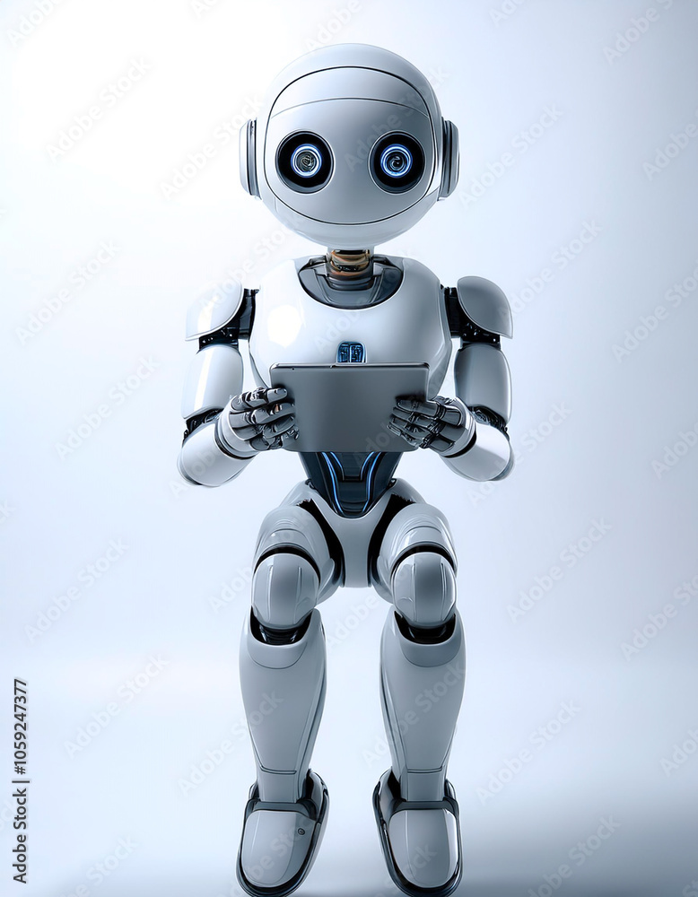 AI robot using tablet while sitting floating or flying isolated white background AI robot using tablet while sitting floating or flying isolated white background