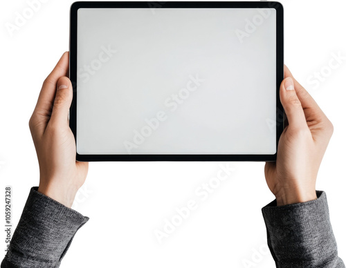 Hands holding blank tablet with white screen, isolated view. Technology and digital concept