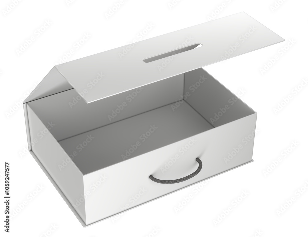 Blank open cardboard case box mockup with flip lid and handle. 3d illustration transparent background Blank open cardboard case box mockup with flip lid and handle. 3d illustration transparent background