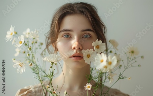 Womans Face Partially Hidden by White Flowers