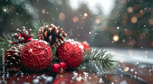 Red Ornaments With Snow And Pine