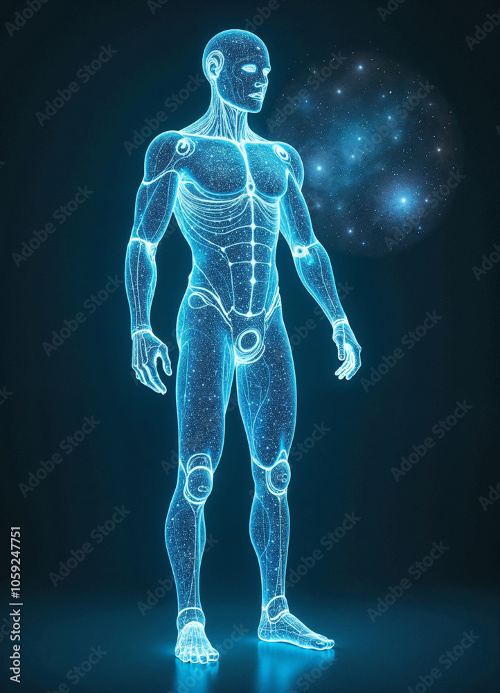 a figure with a glowing blue body and holographic display of galaxy on dark background a figure with a glowing blue body and holographic display of galaxy on dark background