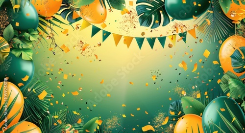 Tropical Party Balloons and Confetti on Green Background