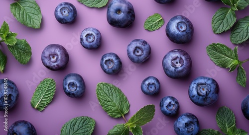 Blueberries, Blackberries, and Mint on Purple Background