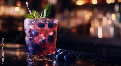 Refreshing blueberry cocktail served in a glass with mint garnish at a cozy b...