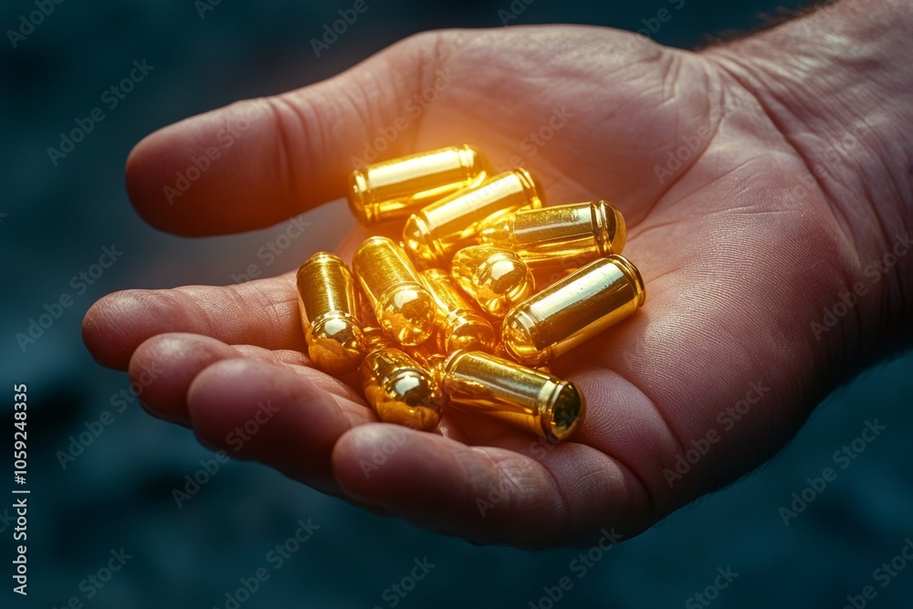 Close-up of a hand gripping a handful of bullets, with shiny brass casings and dark shadows capturing the weight and feel of ammunition, symbolizing power and control Close-up of a hand gripping a handful of bullets, with shiny brass casings and dark shadows capturing the weight and feel of ammunition, symbolizing power and control