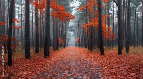 Vibrant autumn forest path covered in colorful fallen leaves during daylight