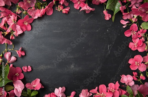 Vibrant pink flowers arranged elegantly around a dark textured surface in springtime