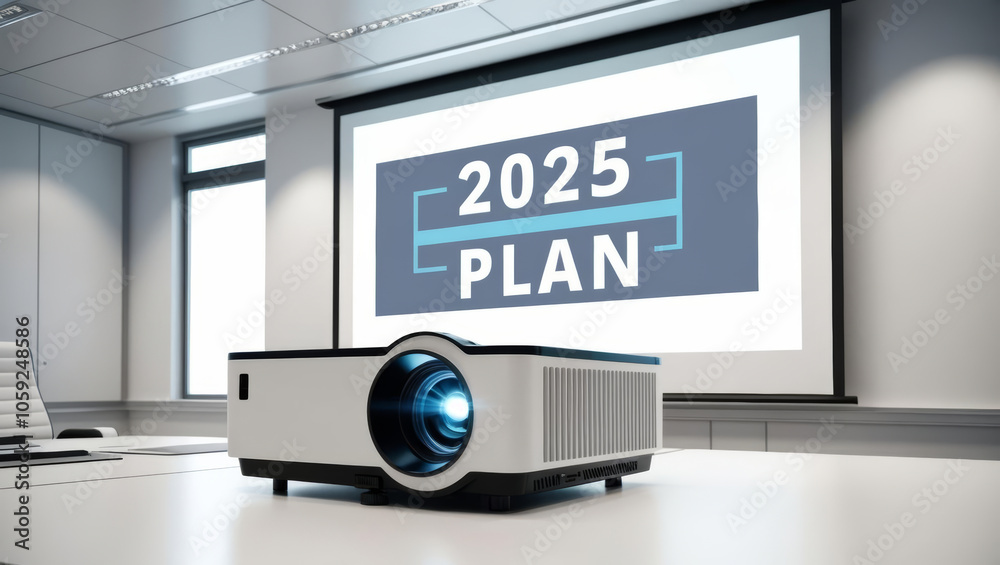 projector displaying business plan for 2025 in modern office setting projector displaying business plan for 2025 in modern office setting