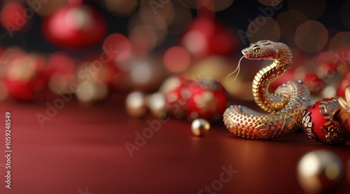 Golden Snake With Red Eyes and Pink Blossoms