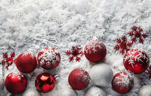 Festive Red Ornaments and Snow-Covered Pine Branches on a White Background