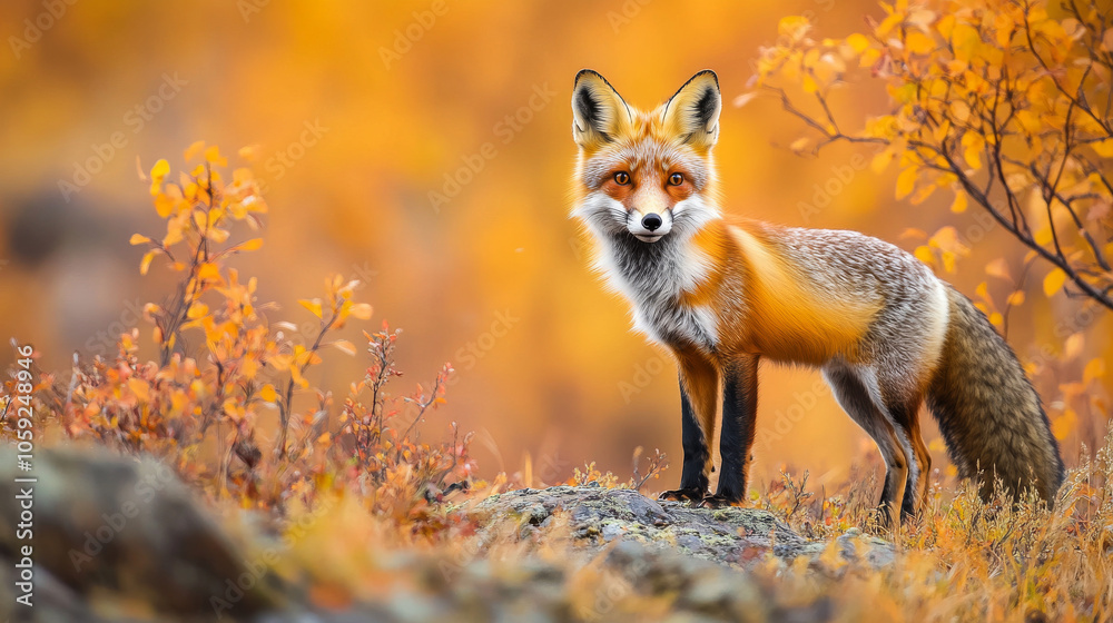 A red fox stands in the fall landscape of the Yukon Territory, Canada. A red fox stands in the fall landscape of the Yukon Territory, Canada.