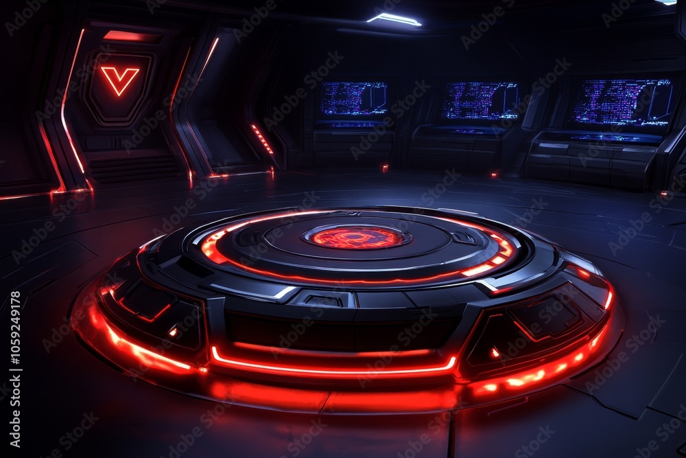Obraz premium Cyberpunk-style data warehouse with neon-lit layers and holographic screens, capturing the advanced, organized structure of futuristic data storage, symbolizing energy and order
