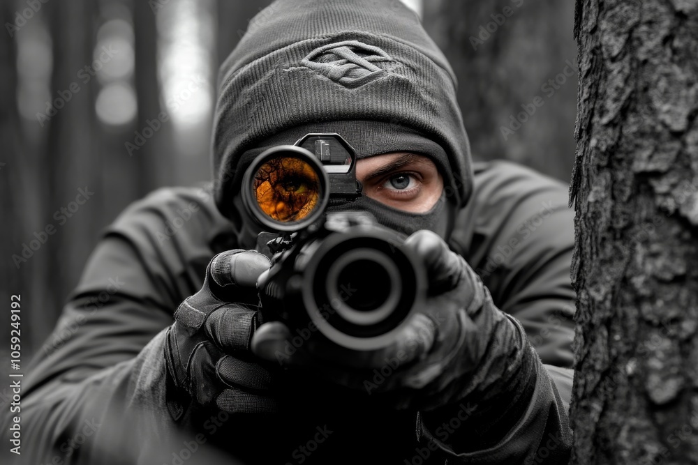 Obraz premium Dark figure in a misty forest, crouching and listening intently, with intense expression capturing the stealth and awareness of an assassin on a mission, symbolizing concentration and readiness