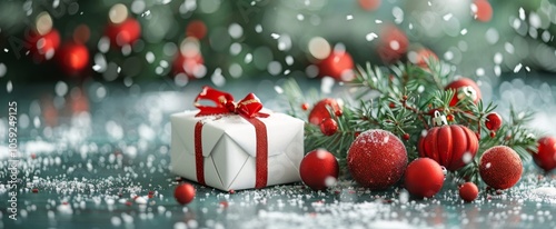 A Snowy Christmas Gift Wrapped in Red Ribbon and Surrounded by Holly