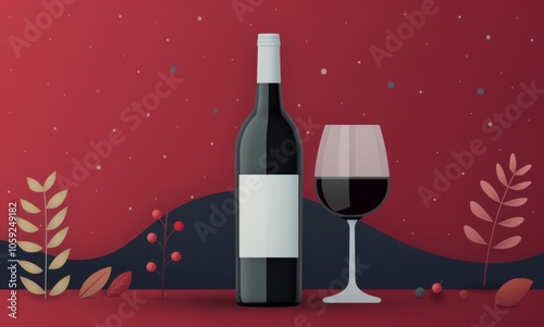 Red Wine Bottle and Glass on Table