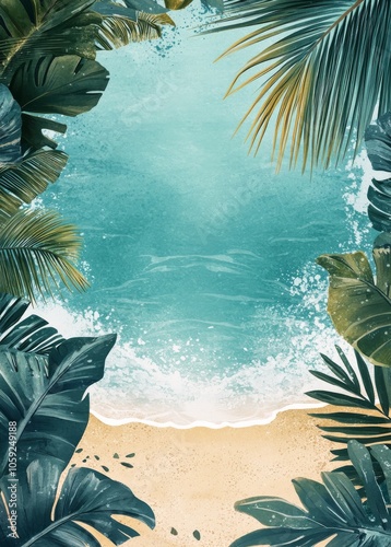 Tropical beach with clear blue water and lush greenery on a sunny day