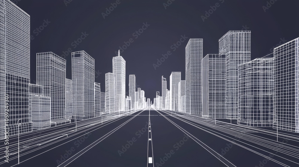 Fototapeta premium This black and white image shows a futuristic city skyline