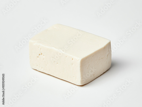 Fresh tofu block on clean white background, showcasing its smooth texture and neutral color. This versatile ingredient is perfect for various culinary dishes