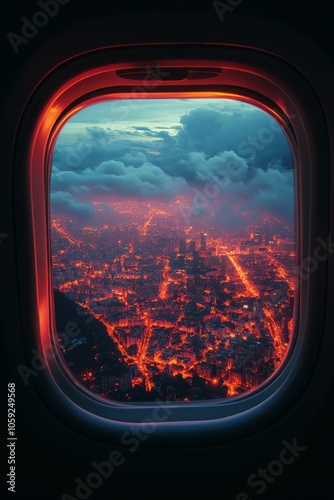 Aerial view of city at sunset from airplane window during evening flight