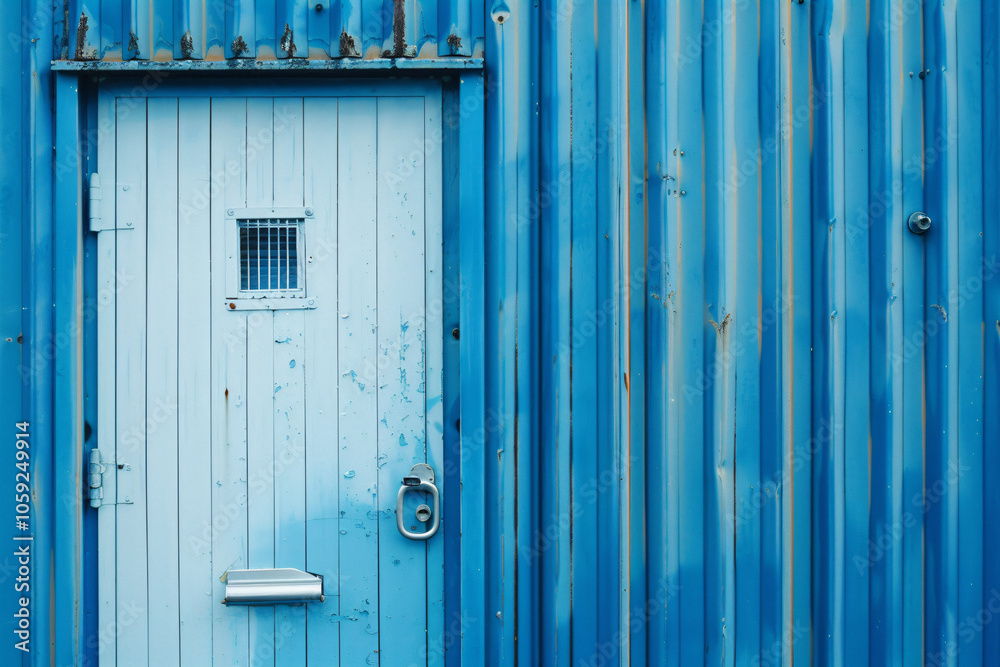 a door is open on a blue building a door is open on a blue building