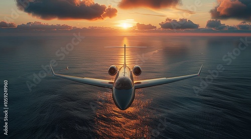 Private Jet Flying Over the Ocean at Sunset
