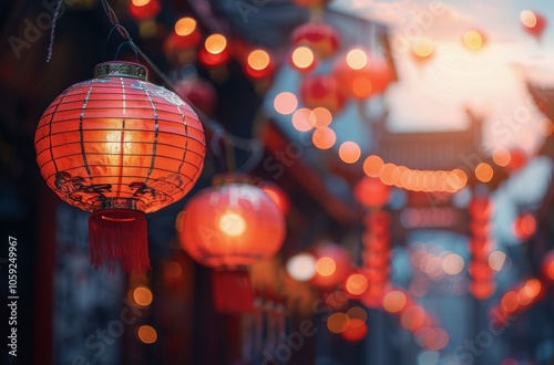 Illuminated Red Lanterns Hanging in a Chinese City at Dusk