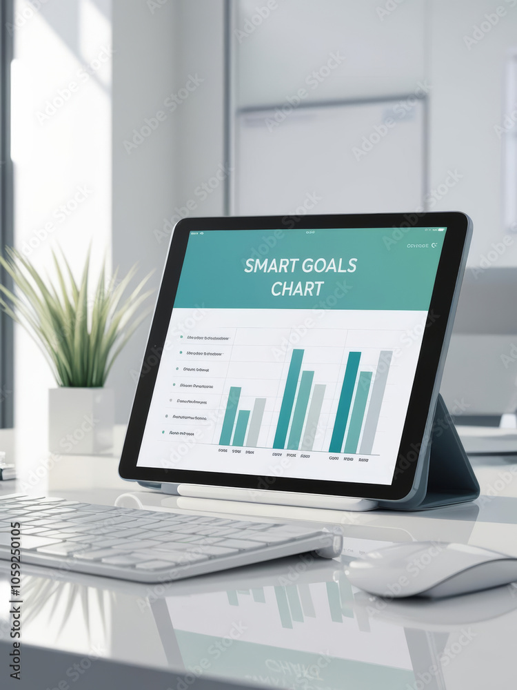 tablet displaying SMART goals chart on desk with plant tablet displaying SMART goals chart on desk with plant