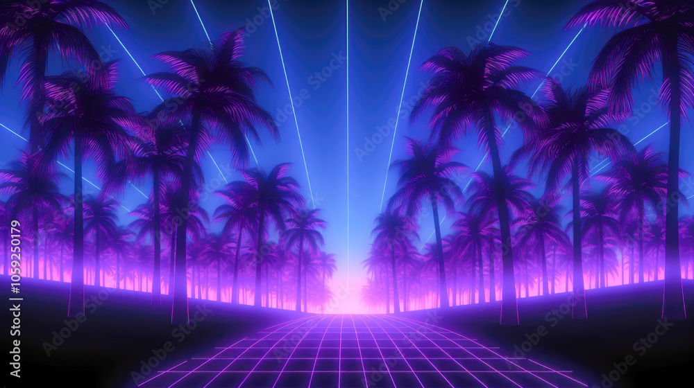 Fototapeta premium A neon landscape with palm trees set beneath a vibrant sky, combining futuristic elements and tropical vibes.