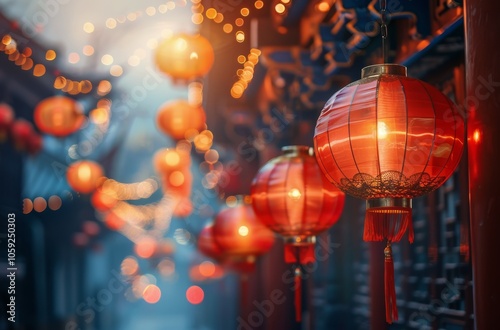 Illuminated Red Lanterns Hanging in a Chinese City at Dusk