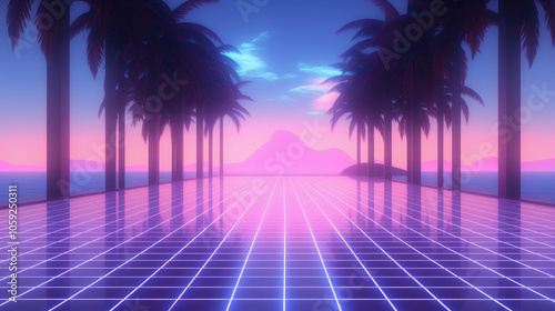 Neon palm trees over a reflective grid surface unify vibrant colors with a 1980s retro aesthetic and futuristic feel.