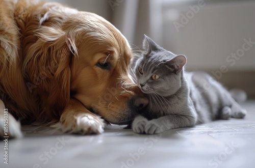 Golden Retriever Dog and Grey Cat Looking at Each Other on a Hardwood Floor photo