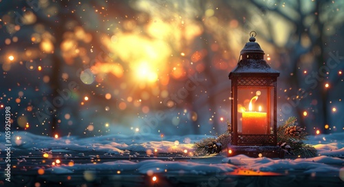 Lantern Glowing In Snowy Winter Forest
