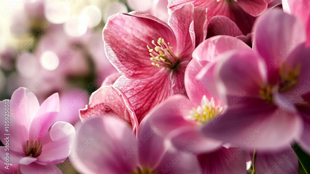 Delicate pink flowers bloom in the soft light of spring, showcasing the beauty of nature's vibrant colors Delicate pink flowers bloom in the soft light of spring, showcasing the beauty of nature's vibrant colors