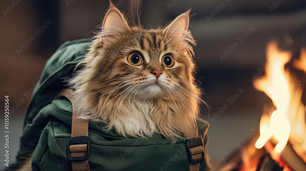 A fluffy cat in a green backpack gazes curiously at a warm fire, creating a cozy and adventurous atmosphere. A fluffy cat in a green backpack gazes curiously at a warm fire, creating a cozy and adventurous atmosphere.