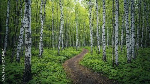 Path Through Birch Forest in Spring with Fresh Green Leaves