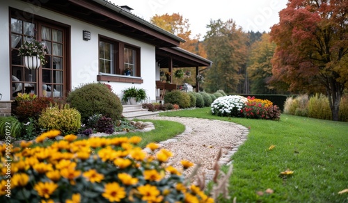 Autumn Home Landscape With Stone Path