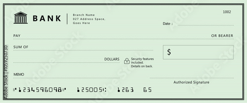 Green Bank check, vector blank money cheque, checkbook template with guilloche pattern and fields. Currency payment coupon, money check background	