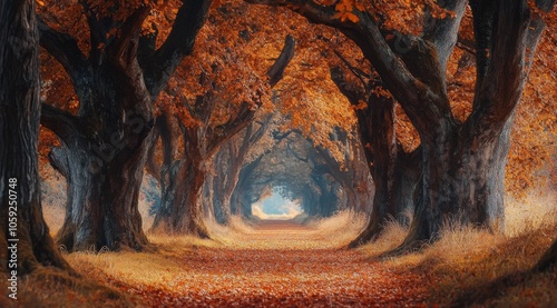 A tranquil autumn path lined with vibrant orange trees in a serene forest set...