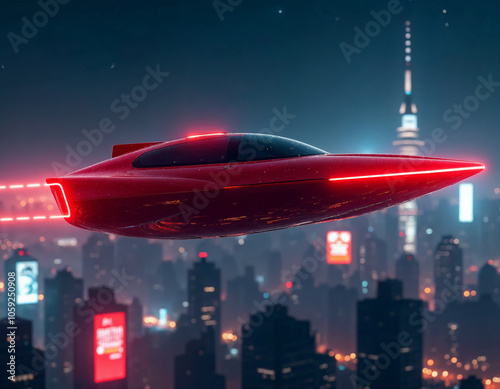 a red futuristic car is flying over a futuristic urban city skyline at night